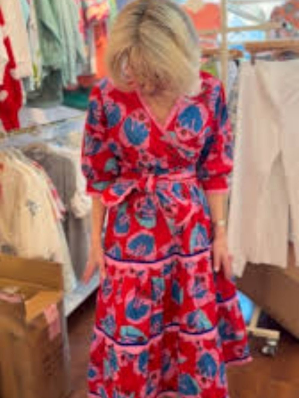 Vibrant Floral Wrap Midi Dress in Red and Pink Sash Medium - Picture 4 of 11